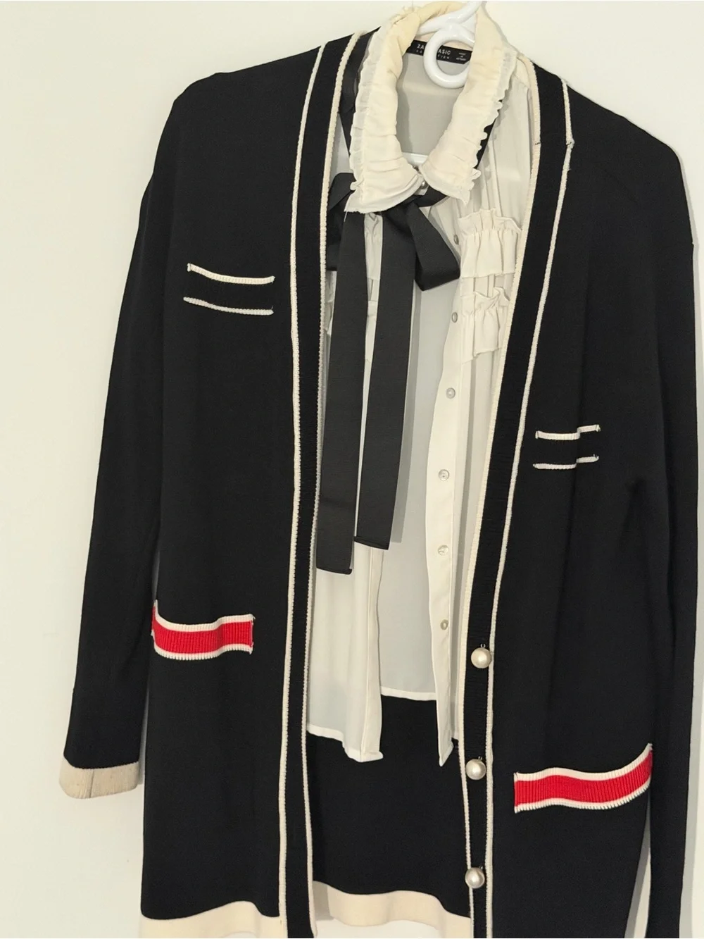 ZARA Women’s Black Longline Cardigan with Pearl Buttons & Contrast Trim